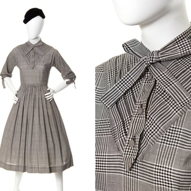 Vintage 1950s Dress | 50s BETTY BARCLAY Gingham Plaid Cotton Grey Pussybow Fall Autumn Secretary Fit and Flare Day Dress (x-small/small) 