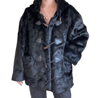 Vintage 80s Womens Surprise Black Vegan Faux Fur Fluffy Retro Winter Jacket Sz XL 