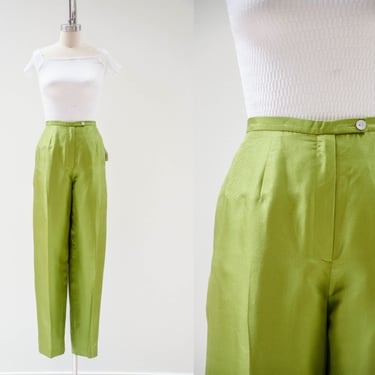 high waisted pants | 90s y2k vintage shiny lime green silk trousers 