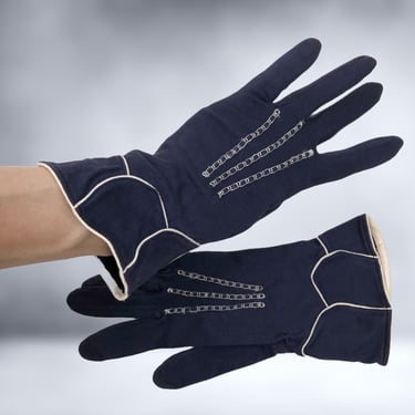 VINTAGE 40s Navy and White Flared Cuff Art-deco Gloves | 1940s Cotton Everyday Gloves | VFG 