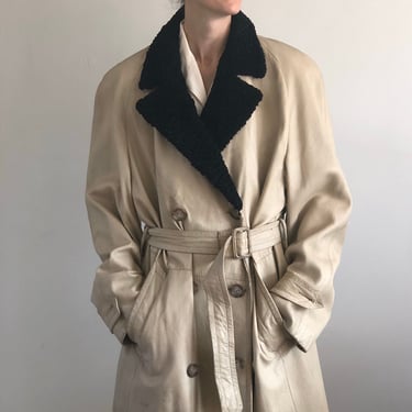 70s leather fur collar trench coat / vintage ivory leather + Persian lamb collar ivory belted double breast trench jacket coat | M L 