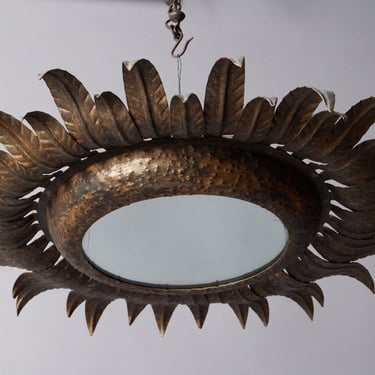 1950's Gilt Iron Spanish Ceiling Fixture with Mirror Center