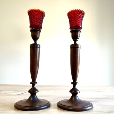 Vintage Turned Mahogany Wood Candlestick Holders with Red Hobnail Glass Peg Sconce Votive Cups 