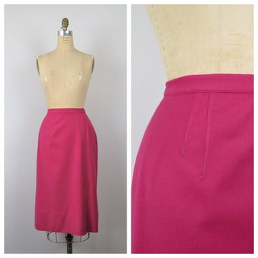 Vintage 1950s wool pencil skirt, arrowhead tack seam, Jantzen, pink, wiggle, size small 