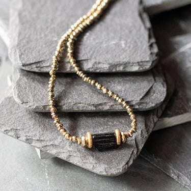 Brass, Pyrite, and Black Tourmaline Beaded Necklace