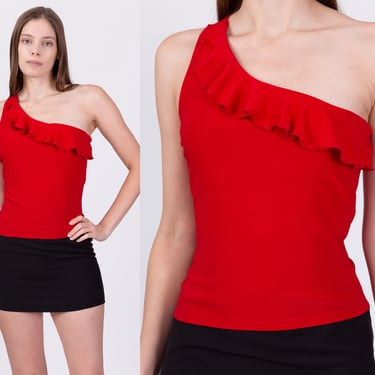 Y2K Red One Shoulder Crop Top - Medium | Vintage Ruffle Trim 2000s Asymmetrical Shirt 