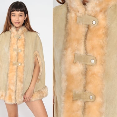 60s Suede Cape Beige Faux Fur Leather Cape Coat 70s Jacket Mod 1970s Vintage Bohemian Button Up Poncho Hippie 1960s Gogo Small Medium 