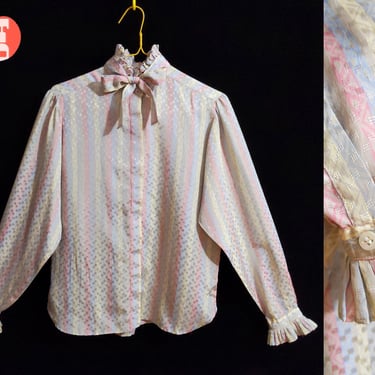 Sweet Vintage 70s 80s Pastel Gray Pink Blue Yellow Stripe Patterned Long Sleeve Blouse with Ruffle Collar and Cuffs & Neck Bow 