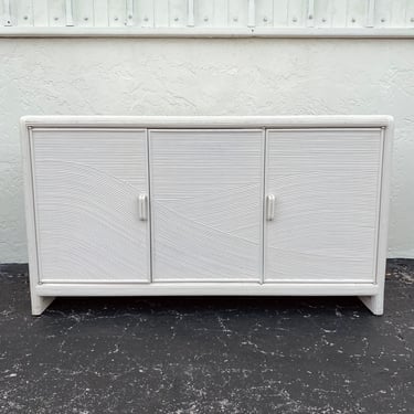 Vintage Pencil Reed Credenza Cabinet Project - Coastal White Rattan Sideboard Buffet 