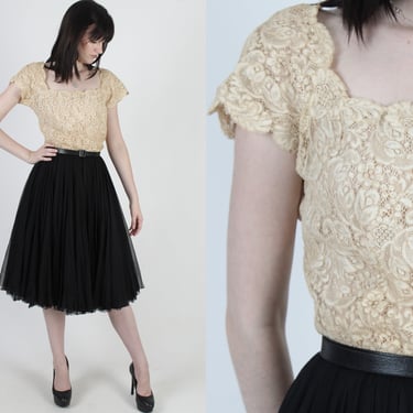 Vintage 50s Neiman Marcus Silk Dress, Sheer Chiffon Ivory Floral Lace, Formal Date Night Illusion Full Skirt Mini Dress 