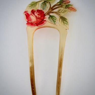 French Art Nouveau Hand Carved Tinted Roses Horn Hair Comb, Antique Hair Ornament, Bridal Comb, Hair Decoration, Gift for Her 