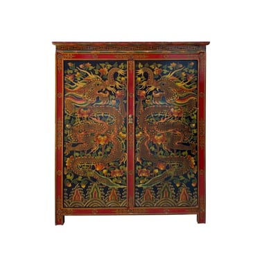 Chinese Tibetan Golden Dragon Graphic Credenza Storage Cabinet cs7541E 
