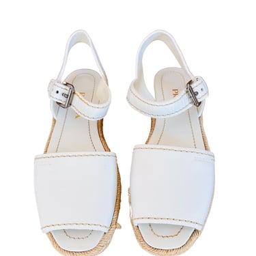 Prada White Leather Espadrille Ankle Strap Sandals