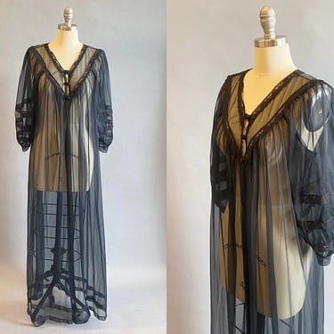 1960's Black Sheer Peignoir / Black Chiffon Robe / Burlesgue Black See-Through Dressing Gown / 60's Lingerie / One Size 
