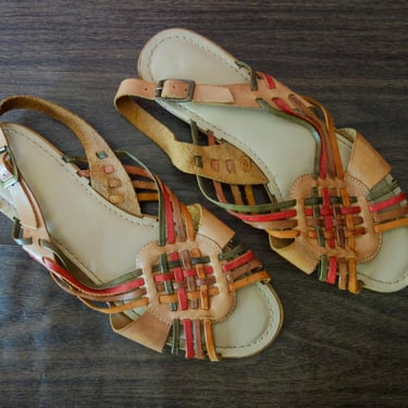 90s woven sandals, size 10 tan leather colorful open toe summer shoes huarache hippie boho style strap flat slip on shoe 