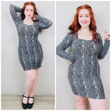 Y2K Mudd Grey Snakeskin Body Con Dress / Vintage Long Sleeve Animal Print Mini Dress / Small - Medium 