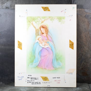 a VERY RARE! ORIGINAL Watercolor Painting by Artist Fran Ju | 1970s Original Christmas Card Art | Madonna & Child | Vintage Rust Craft 