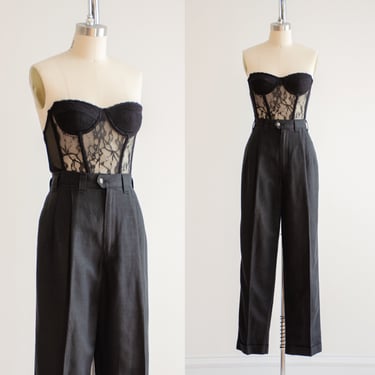 high waisted pants 90s vintage Dockers black linen cotton straight leg trousers 