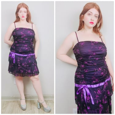 Y2K Vintage Purple and Black Rose Print Taboo Dress / Glitter Floral Ruched Ribbon Drop Waist Party Dress / Size XL 