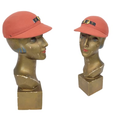 1960's Terra Cotta Orange Felted Wool MOD Scooter Cap Hat I Sz Sm I 20.5