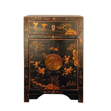 Chinese Distressed Black Copper Scenery Graphic End Table Nightstand cs7374E 