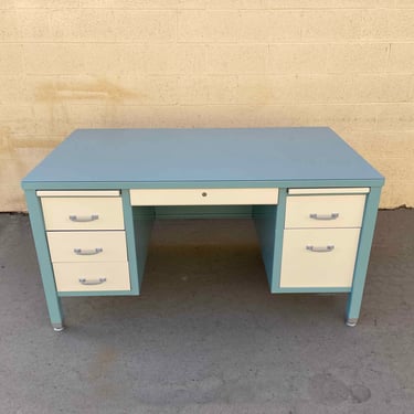 Mid Century Double Pedestal Tanker Desk Refinished In Sea Foam