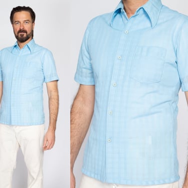 Medium 70s Sky Blue Knit Collared Shirt | Retro Vintage Button Down Short Sleeve Rockabilly Top 