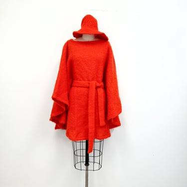 Vintage 70s Mohair Belted Cape with Matching Bucket Hat | Orange | One Size Fits Most 