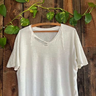 Vintage 80s Thrashed Distressed Blank White T size L 