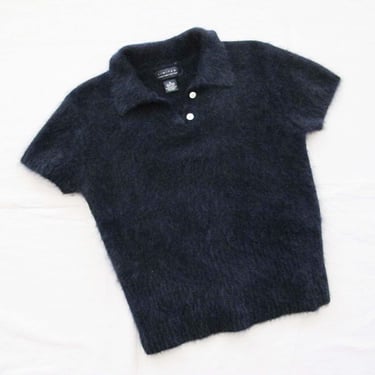 90s Fuzzy Black Angora Polo Shirt S M -  Soft Grunge Short Sleeve Collared Blouse - Simple Minimalist Preppy Aesthetic Style - The Limited 