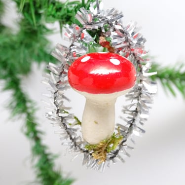 Vintage German Spun Cotton Mushroom in Tinsel Christmas Tree Ornament, Antique Hand Painted Feather Tree Decor, Germany 
