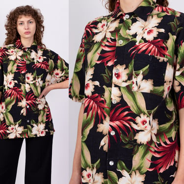 90s Hawaiian Orchid Print Shirt - Men's XL | Vintage Tropical Floral Barkcloth Cattleya Flower Button Up Aloha Shirt 