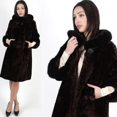 60s Mid Century Black Fox Trim Coat, Vintage Luxe Real Sheared Fur Princess Jacket, Soft Stroller Jacket With Pockets Sz Medium 