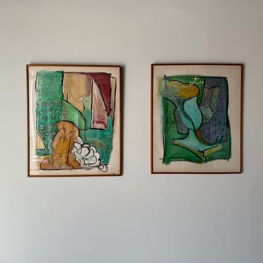 1983 Vintage  Expressionist - Style Vibrant Abstract Paintings - A Pair 