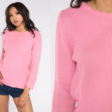 Pink Sweater Top 70s Pullover Knit Sweater Retro Crewneck Jumper Basic Plain Crew Neck Simple Spring Girly Acrylic Vintage 1970s Medium M 