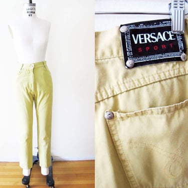 Vintage 90s Versace Sport Womens Jeans 26 - 1990s Soft Neon Green High Waist Tapered Leg Pants- 90s Supermodel 