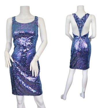 1990's Iridescent Blue Sequin Short Mini Dress I Sz Med I Nite Line 