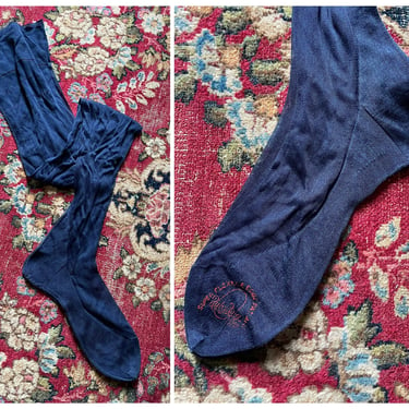 Deco era navy blue silk thigh high stockings | vintage ‘30s over the knee hose, back seam, reinforced Cuban heel 