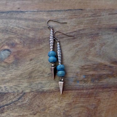 Industrial earrings, teal druzy agate earrings, mid century modern earrings, copper 