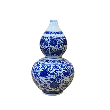 Chinese Oriental Blue White Gourd Porcelain Flower Graphic Vase ws2807E 