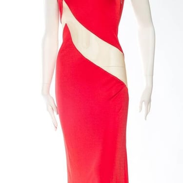 1990S ALEXANDER MCQUEEN Blood Red Acetate Jersey Nude Illusion Paneled Dress From 