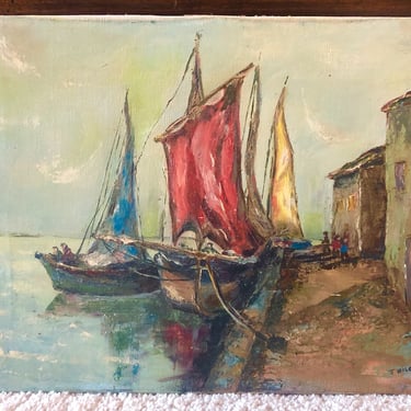 Wilkins Oil Painting of Boats in Harbor, Vintage; Oil Painting on Canvas, Vintage 