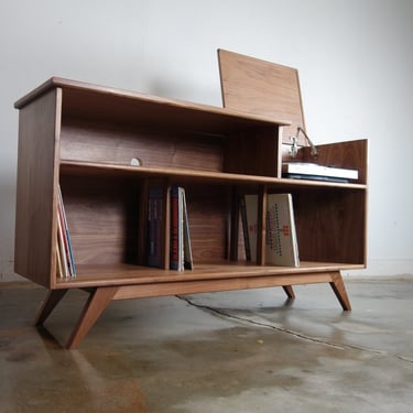 Mid century modern record player console. record storage The 