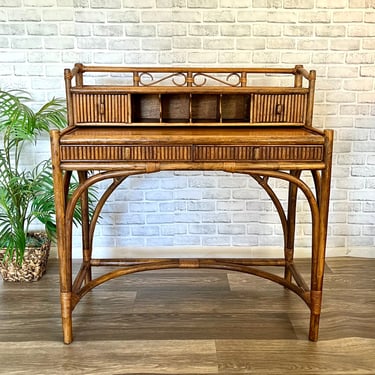 Vintage Bamboo Writing Desk | Rattan Desk | Vintage Wood Desk | Tropical Chic | Boho Furniture 