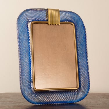 Large Original Murano glass and brass picture frame clear and blue twisted glass, real gold details, handmade in Murano, Italy 30x22 cm 