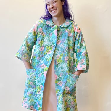 60’s Dorian Quilted Nylon Pastel Floral Dressing Gown Robe Jacket