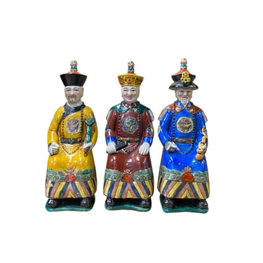 Chinese Color 3 Sitting Ching Qing Emperor Kings Figure Set ws2003E 
