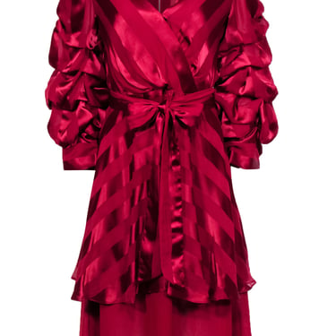 Alice &amp; Olivia - Wine Striped Faux Wrap Dress w/ Gathered Puff Sleeves Sz 10