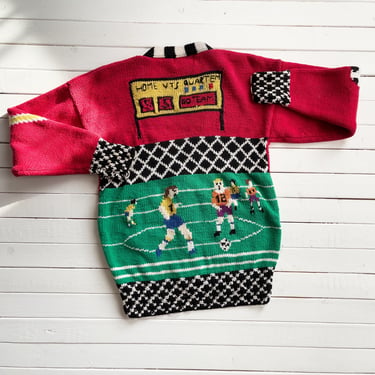 soccer cardigan sweater 80s vintage Traditional Trading Co. red varsity novelty sweater 