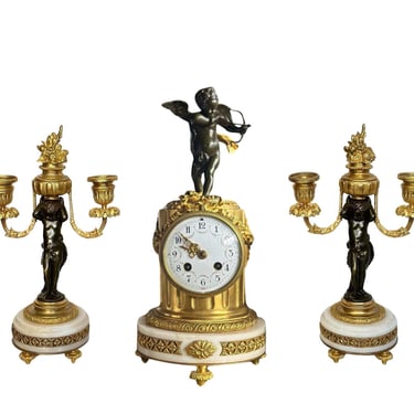French 19th Century Clock &amp; Candelabra Cherub Set